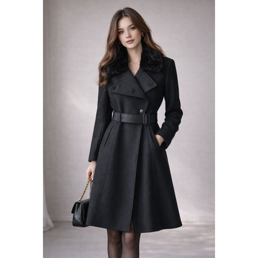 Rag &‎ Bone Double Breasted Wool Fur Collar Coat in Black sz 4
